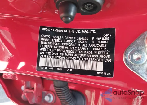 2017 Honda Civic Ex z USA, uszkodzony, nr VIN SHHFK7H58HU227543